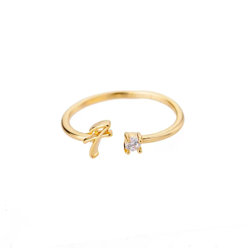 A-Z Initial Letter Open Rings for Women Stainless Steel Gold Color Zircon Adjustable Ring Trendy Couple Wedding Jewelry Gift