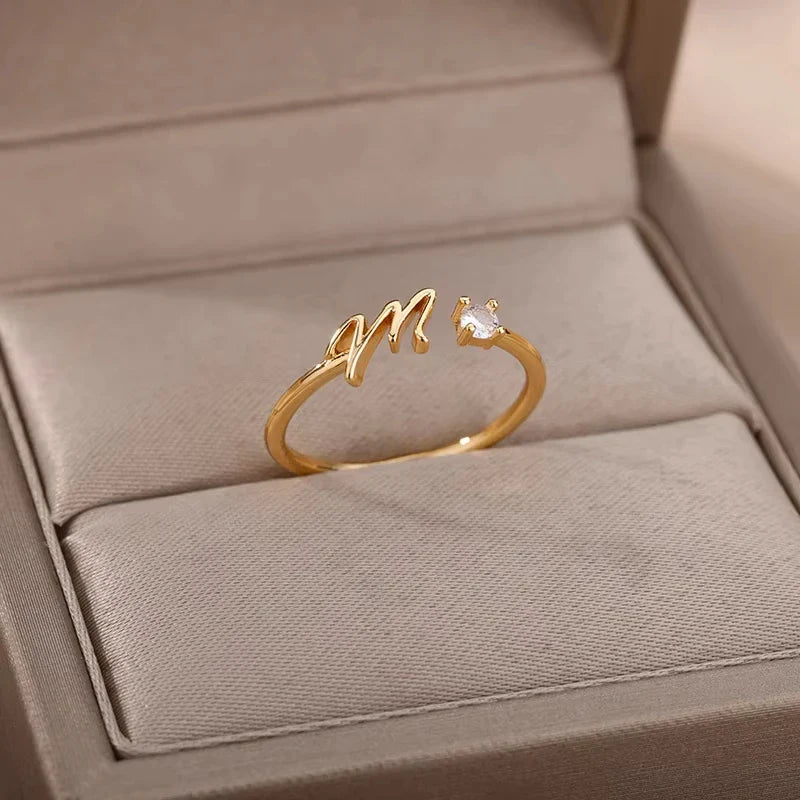 Zircon Initial Letter Ring for Women Stainless Steel Gold Color Alphabet Open Ring Trendy Wedding Birthday Aesthetic Jewelry