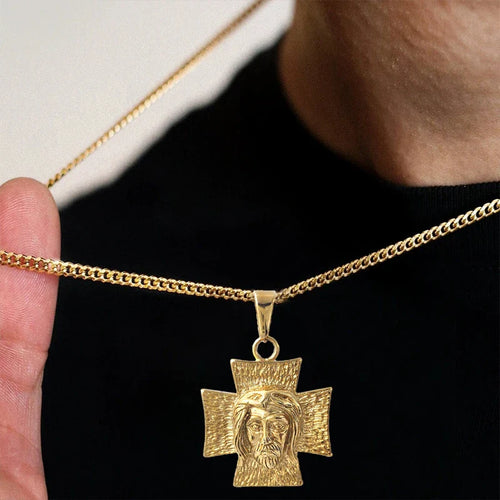 18K Gold Plated Jesus Face Cross Pendant Necklace Religious Charm for Men Women Faith-Inspired Jewelry Christian Gift