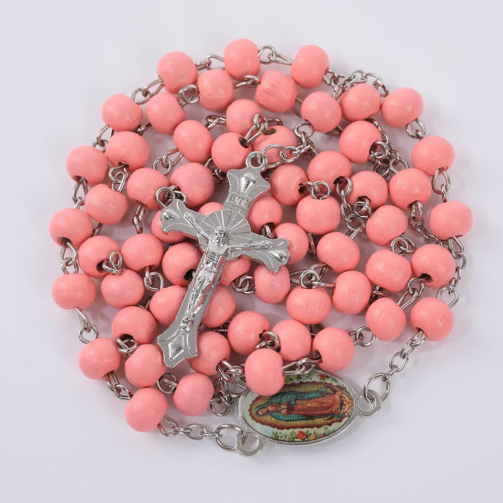 Blue Rosary Necklace For Women Men 6MM Wooden Prayer Beads Long Chain Religious Virgin Mary Cross Pendant Men Party Jewelry Gift