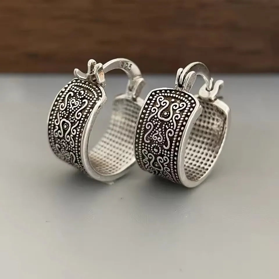 925 Sterling Silver Texture Flower Earrings For Women Gothic Trendy Simple Retro Earring Jewelry Party Accessories