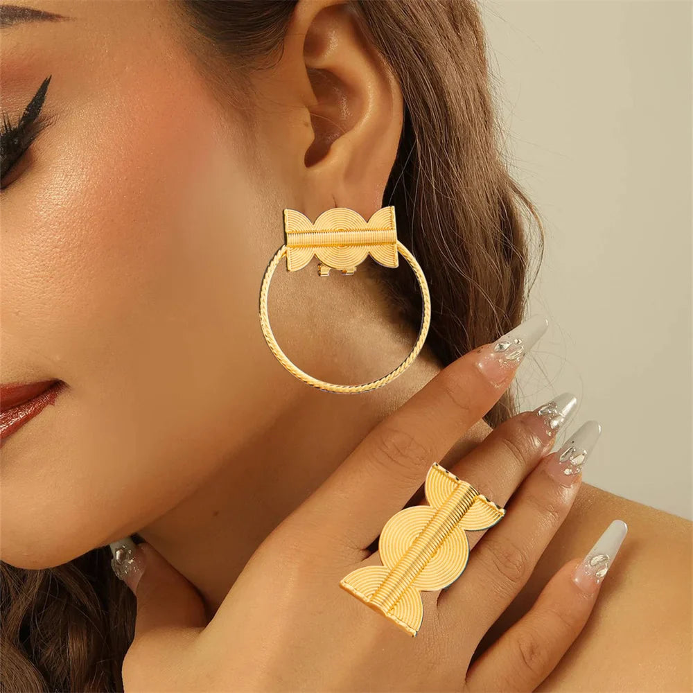 African 18k Gold Color Jewelry Set for Party Clip Earrings and Finger Ring 2Pcs Set for Engagement Dubai Earrings Ring Jewelry
