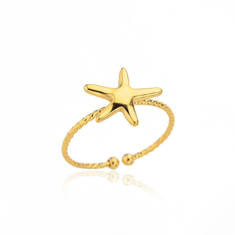 316L Stainless Steel Starfish Shell Rings for Women Gold Color Open Finger Ring Femme Trendy Summer Vacation Ocean Jewelry Gift
