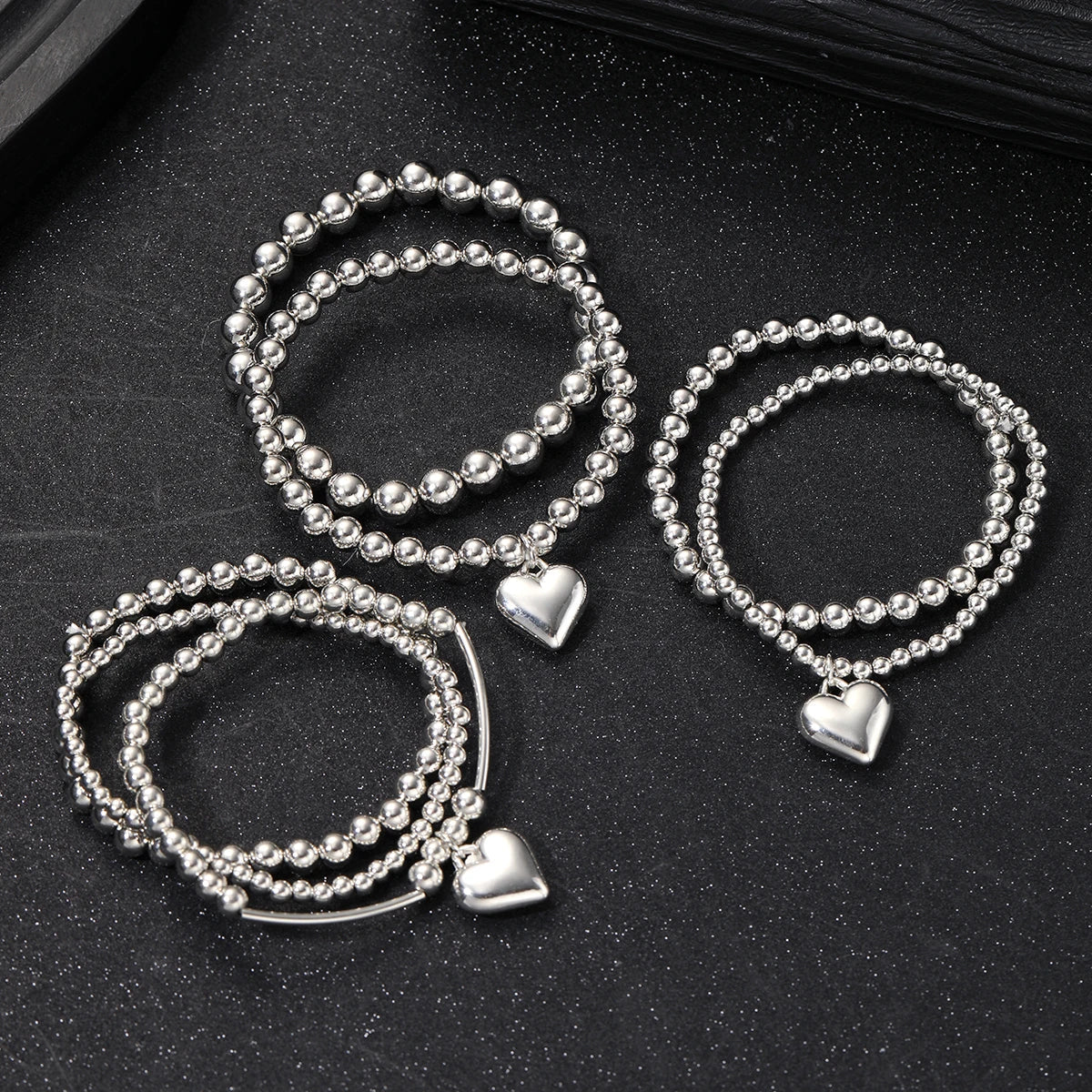 7Pcs/Set Chic Heart Charm Beaded Bracelet Set For Women Vintage Simple Silver Color Exquisite Multi-Layer Bracelets Jewelry Gift