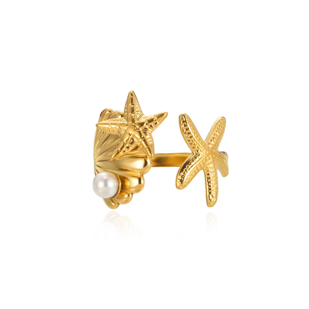 316L Stainless Steel Starfish Shell Rings for Women Gold Color Open Finger Ring Femme Trendy Summer Vacation Ocean Jewelry Gift