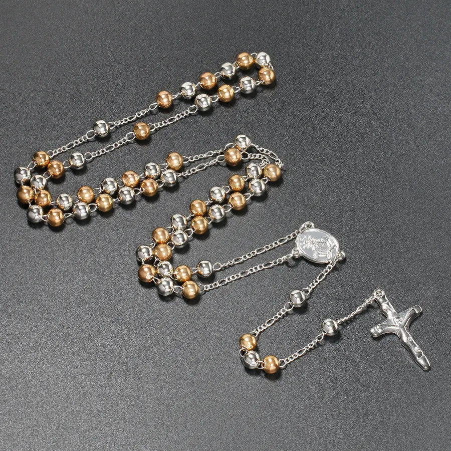 6MM Metal Beads Rosary Necklaces For Women Men Long Chain Crucifix Cross Pendant Necklace Religious Praye Jewelry
