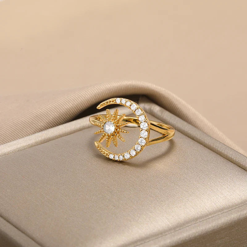 Zircon Star Moon Rings For Women Gold Color Stainless Steel Geometric Star Moon Ring Engagement Wedding Christmas Jewelry Gift