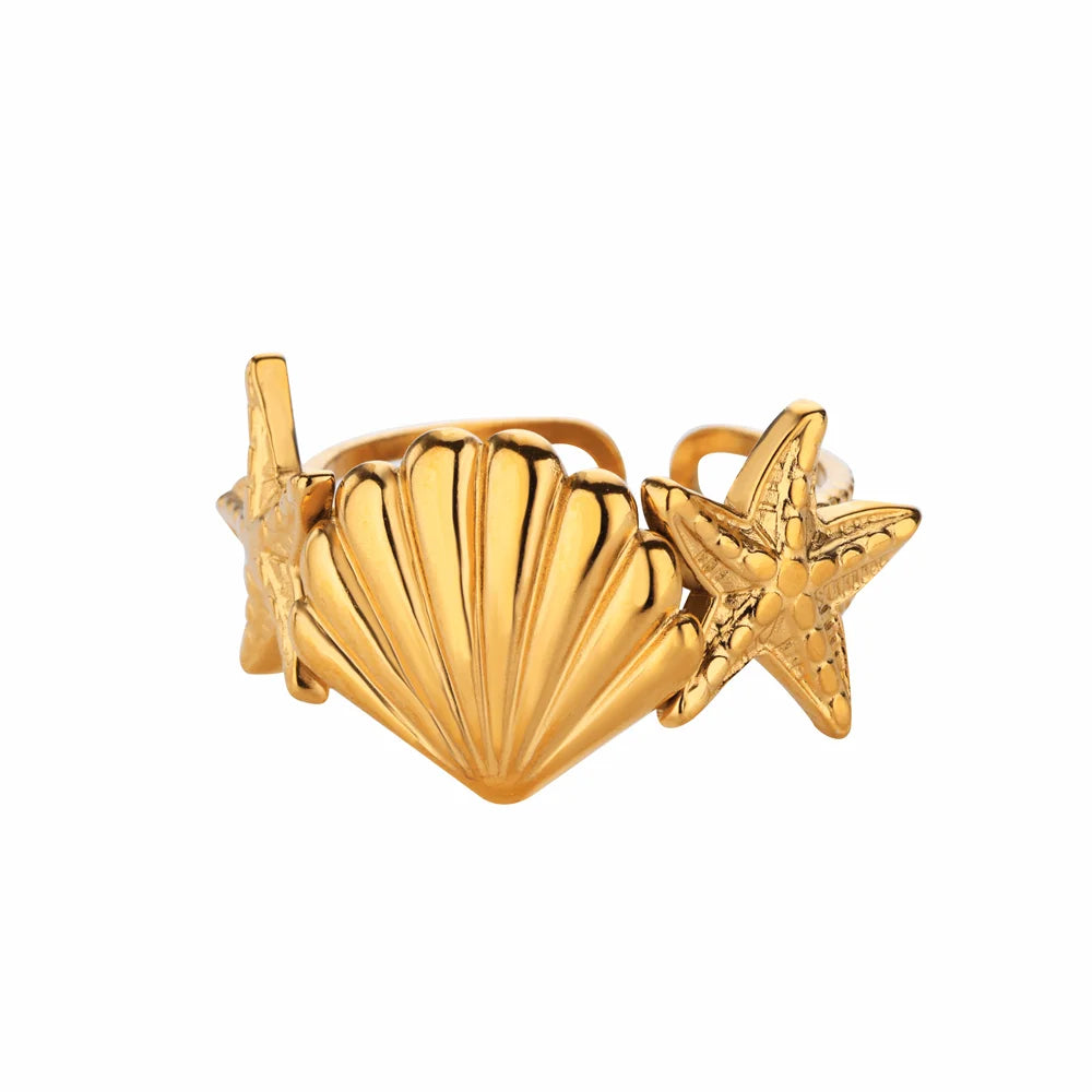 316L Stainless Steel Starfish Shell Rings for Women Gold Color Open Finger Ring Femme Trendy Summer Vacation Ocean Jewelry Gift