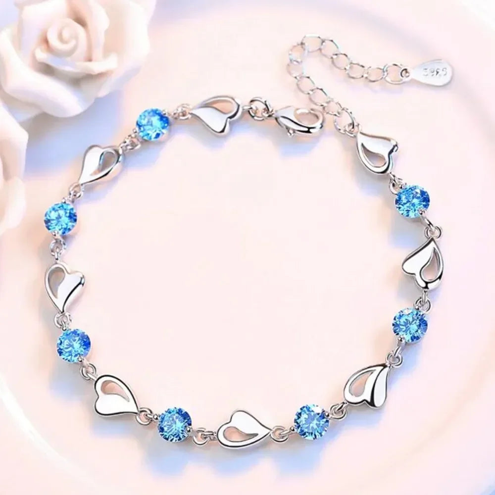 925 Sterling Silver Heart Shaped Bracelet For Women Retro Korean Versatile Blue Crystal Charm Bracelets Original Party Jewelry