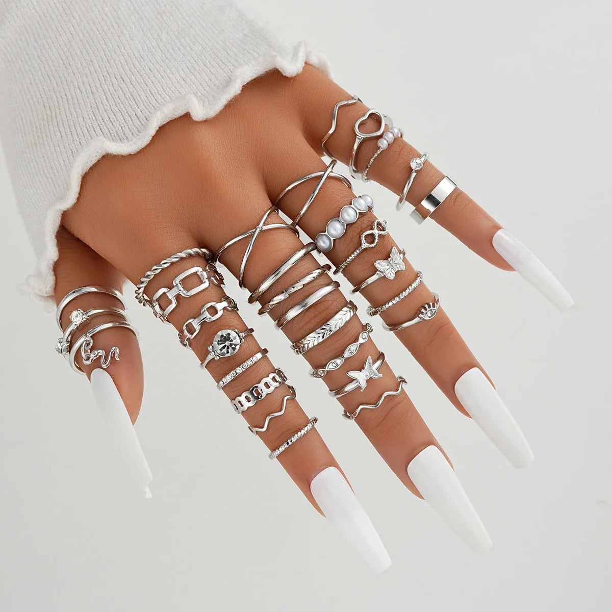 30 PCS Silver Color Geometric Ring Set For Women Vintage Heart Eye Cross Sun And Moon Leaf Charm Finger Ring Female Boho Jewelry