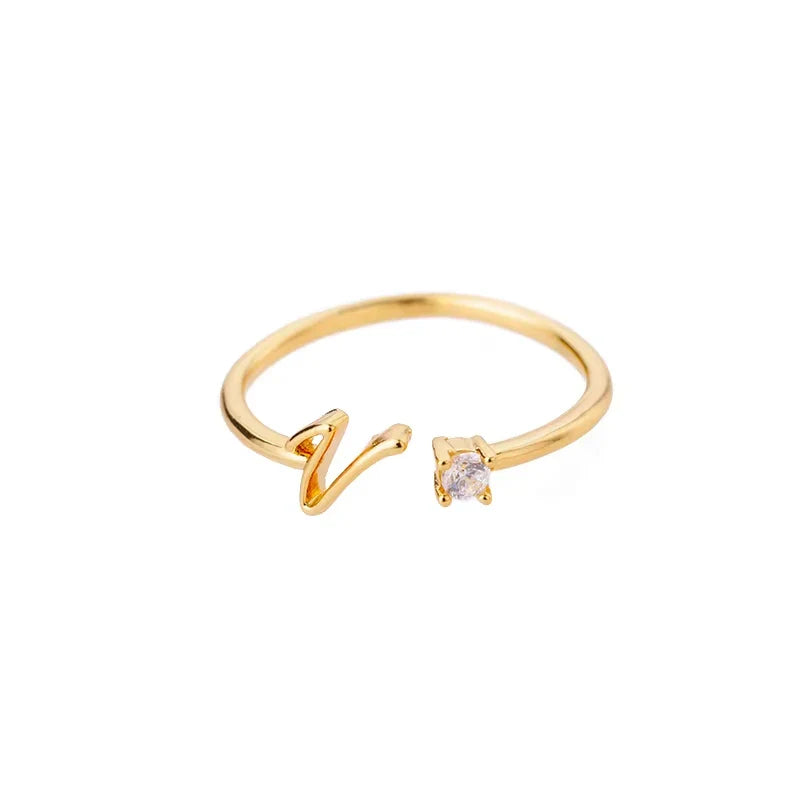A-Z Initial Letter Open Rings for Women Stainless Steel Gold Color Zircon Adjustable Ring Trendy Couple Wedding Jewelry Gift