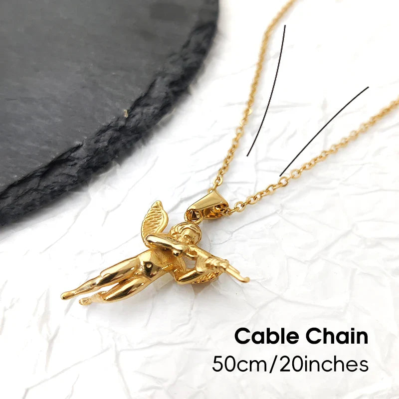 3D Angel with Gun Pendant Necklace for Men - 18K Gold Plated & 316L Steel Rope Chain Hip Hop Gothic Jewelry Gift Cupid's Reveng