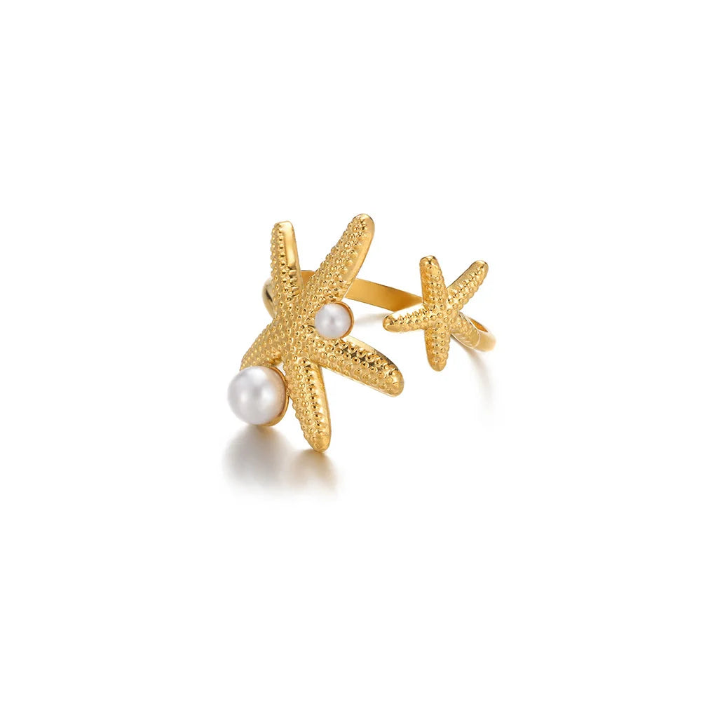 316L Stainless Steel Starfish Shell Rings for Women Gold Color Open Finger Ring Femme Trendy Summer Vacation Ocean Jewelry Gift