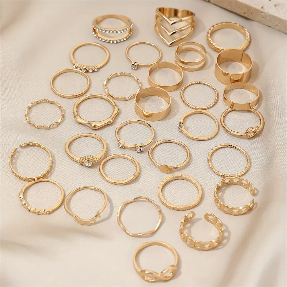 30pcs Elegant Boho Gold Color Rings Set Vintage Design Rhinestone Geometric Finger Ring Trendy Minimalist Jewelry Gifts 2024