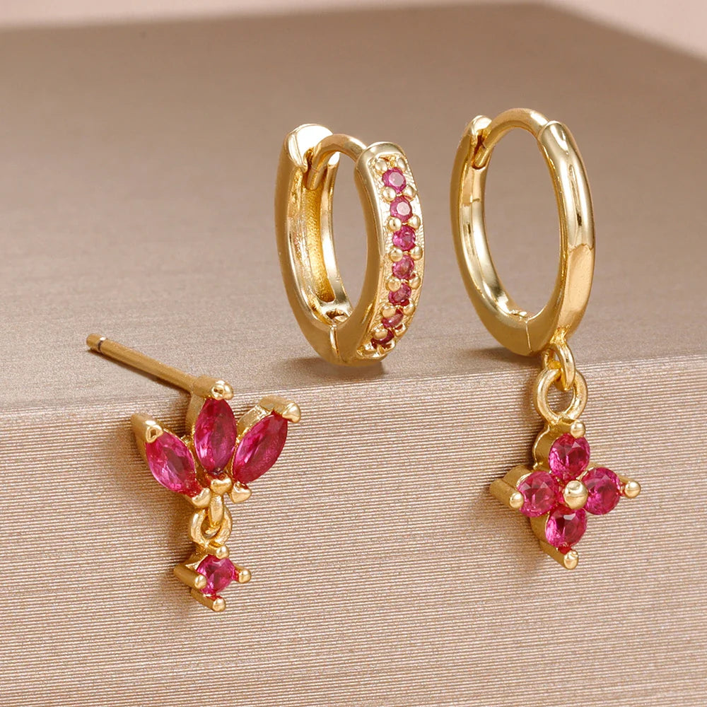 3PCS Fashion Orange Blue Zircon Hanging Earrings Set for Women Stainless Steel Flower Dangle Earring Piercing Jewelry