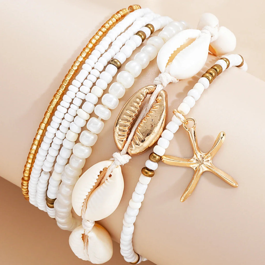 7pcs/set Bohemian Holiday Wind Shell Beaded Woven Bracelet Starfish Rice Beads Women's Bracelet Set Beach Party Seaside Holiday
