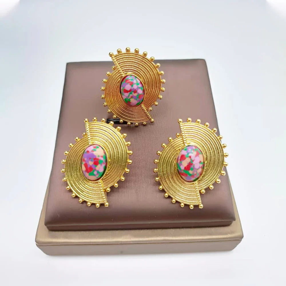 African Jewelry Set for Women Spiral Shape New Fashion Purpuse Stone Earrings Finger Ring Dubai Indian Luxury Gold Color Jewelry