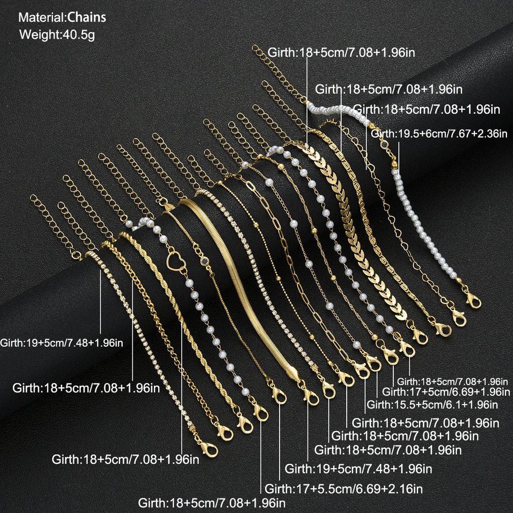 16pcs Minimalist Heart Pearl Rhinestone Snake Chain Bracelet Set for Women Elegant Gold Color Dates Vacations Daily Wear Jewelry