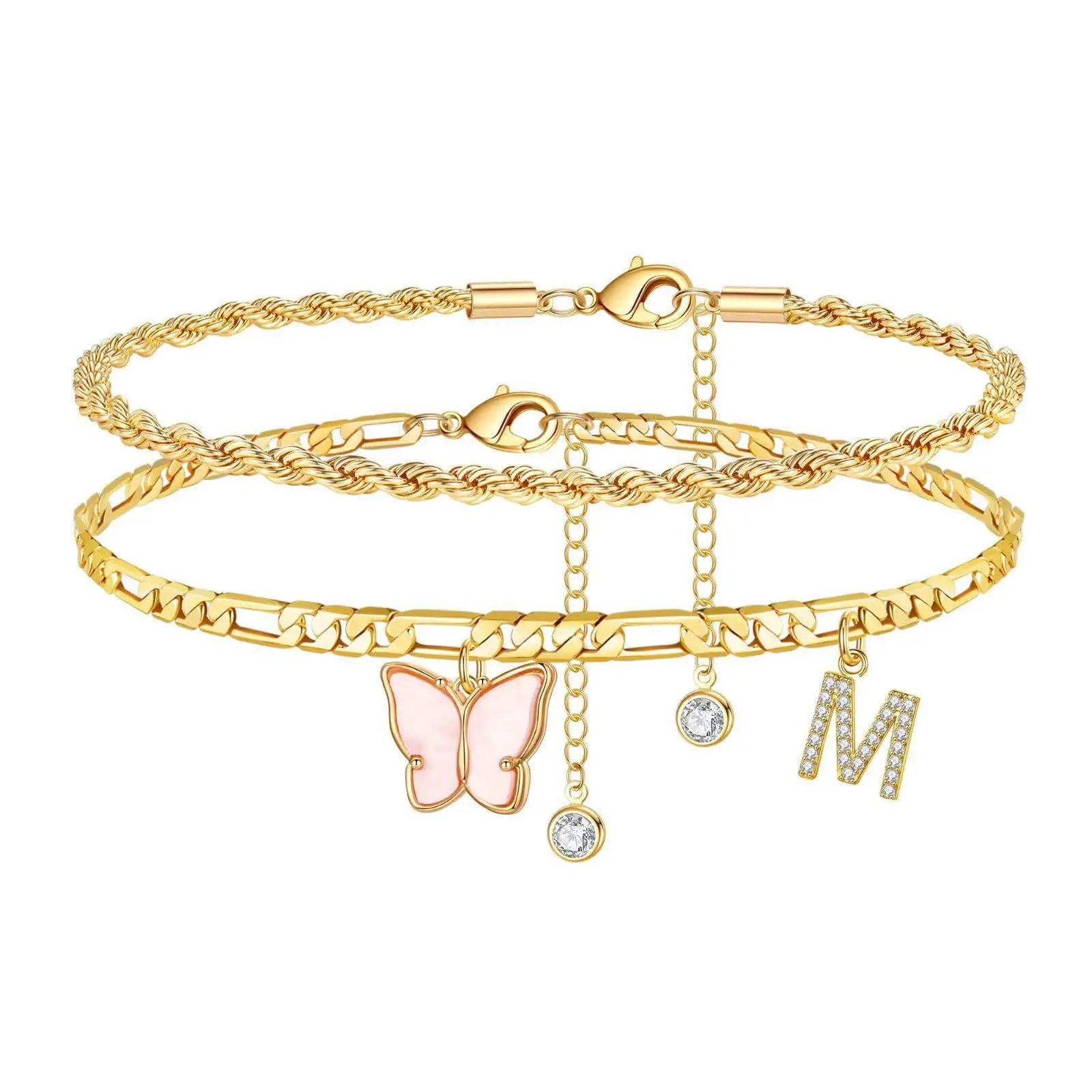 2Pcs Stainless Steel Initial Anklet Set For Women 26 Letter Acrylic Butterfly Charm Chain On Foot Summer Ankle Bracelet Jewelry