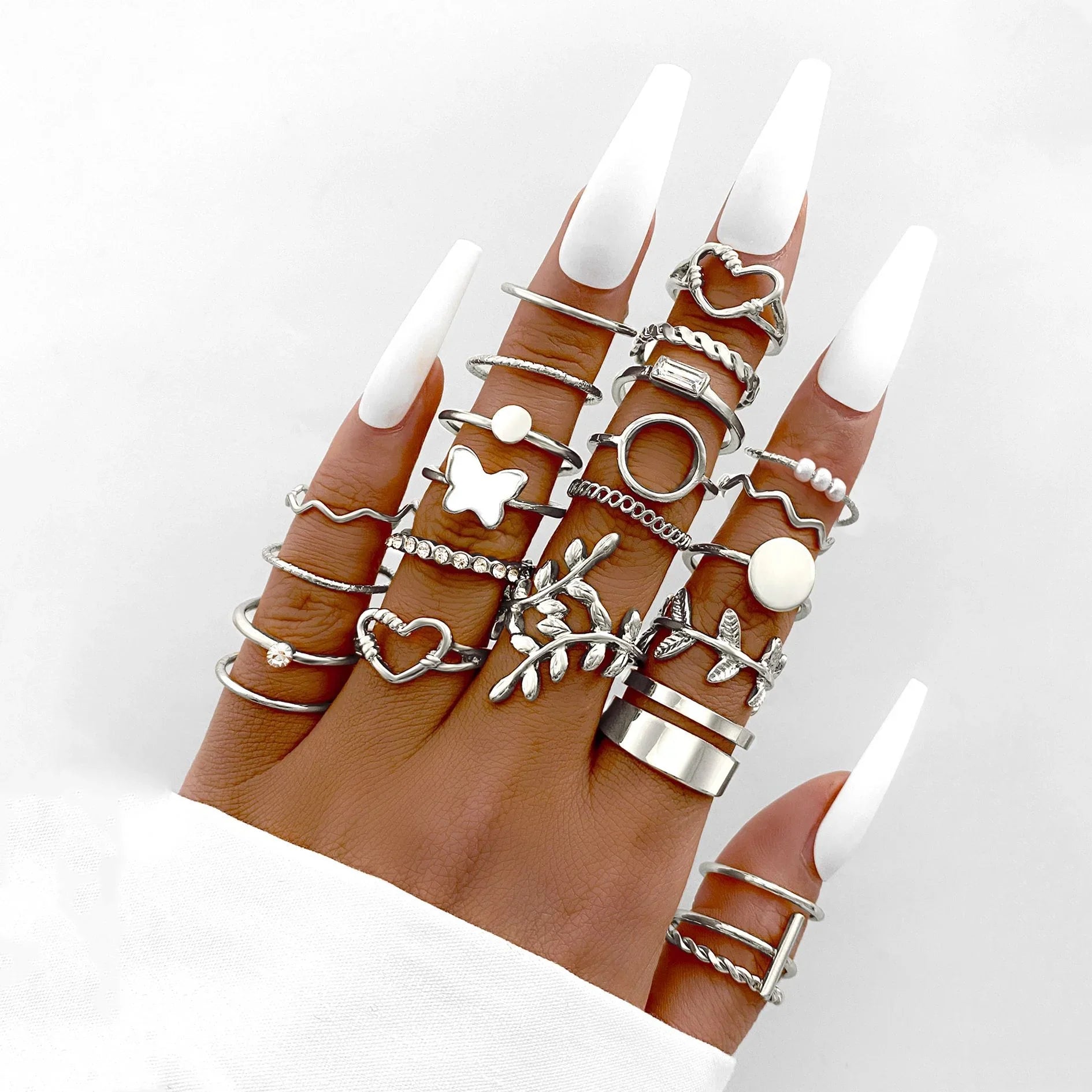 30 PCS Silver Color Geometric Ring Set For Women Vintage Heart Eye Cross Sun And Moon Leaf Charm Finger Ring Female Boho Jewelry