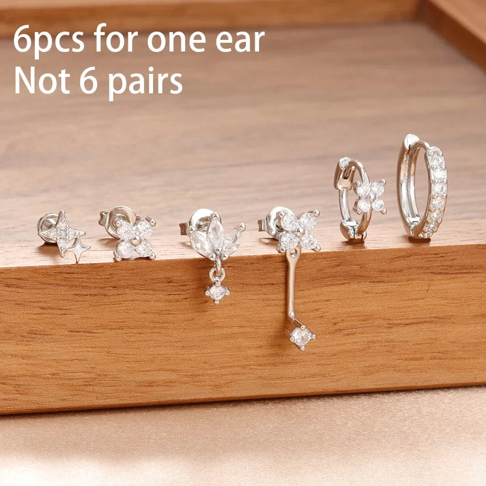 6PCS Fashion Cute Zircon Flower Ear Stud For Women Fashion 18K Gold Plated Star Ear Stud Earring Piercing Girl Set Jewelry Gift