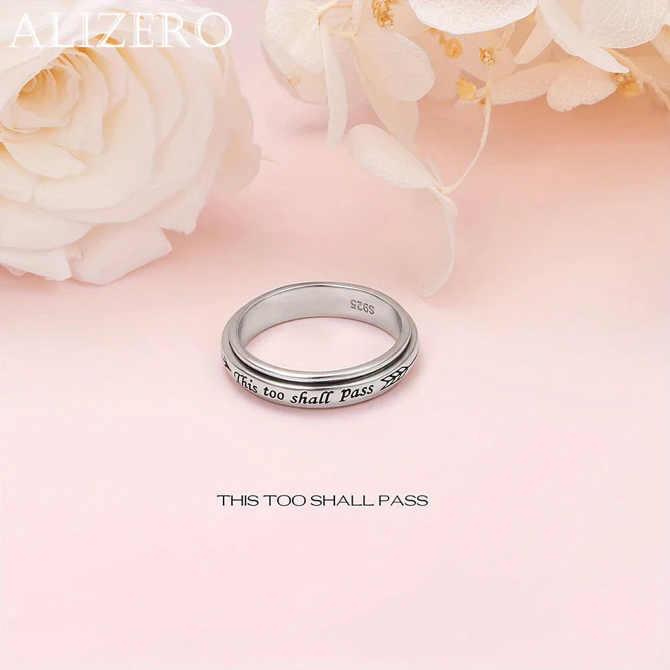 925 Sterling Silver Rotating Ring - "This Too Shall Pass" Quote, Adjustable 6-10 US Size, Bohemian Vintage Style for Women Men