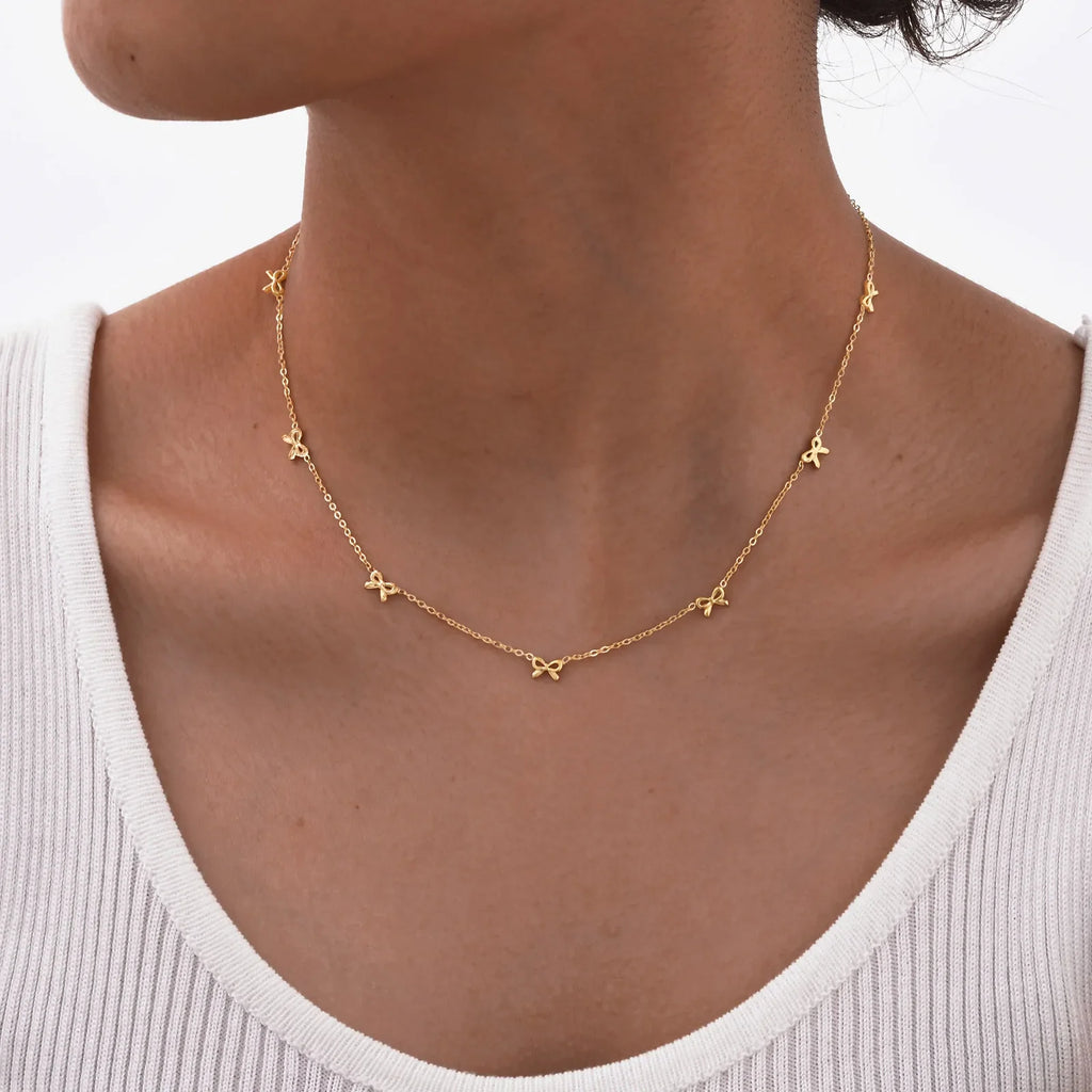 Charms Bow Necklace For Women, Bowknot Chain Choker Necklace, Stainless Steel Thin Link Exquisite Party Jewelry