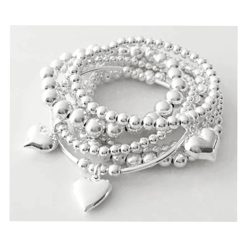 7Pcs/Set Chic Heart Charm Beaded Bracelet Set For Women Vintage Simple Silver Color Exquisite Multi-Layer Bracelets Jewelry Gift
