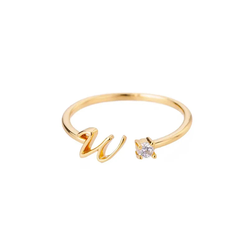 A-Z Initial Letter Open Rings for Women Stainless Steel Gold Color Zircon Adjustable Ring Trendy Couple Wedding Jewelry Gift