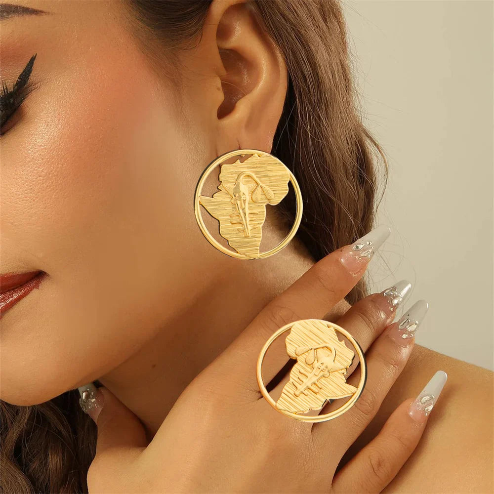 African 18k Gold Color Jewelry Set for Party Clip Earrings and Finger Ring 2Pcs Set for Engagement Dubai Earrings Ring Jewelry