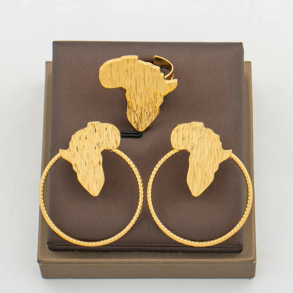 African Gold Color Earrings Ring Jewelry Set for Women Copper Alloy Clip Earrings and Finger Ring 2Pcs Set Weddings Daily Wear