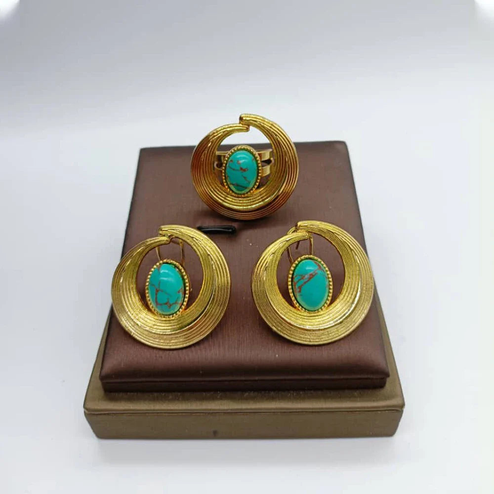 African Jewelry Set for Women Spiral Shape New Fashion Purpuse Stone Earrings Finger Ring Dubai Indian Luxury Gold Color Jewelry