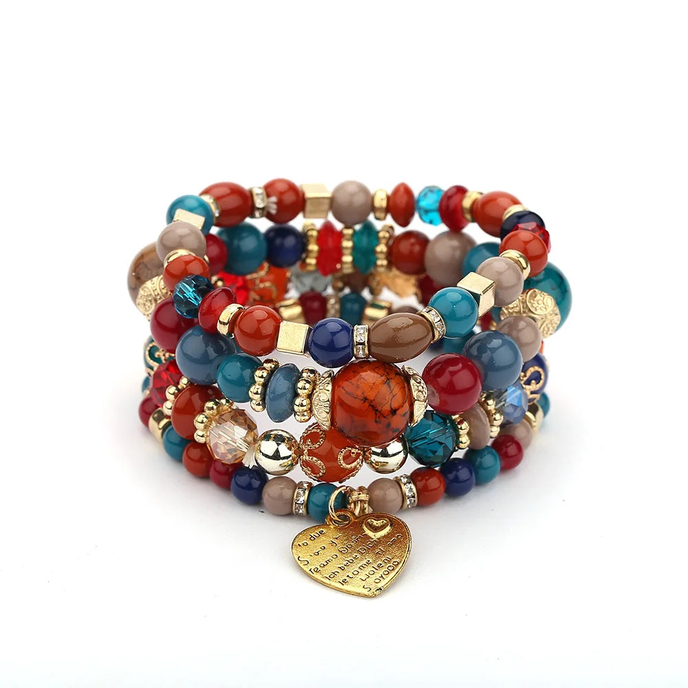4Pcs Boho Crystal Beads Chain Bracelet Set For Women Vintage Heart Charm Elastic Bangle Female Fashion Party Jewelry