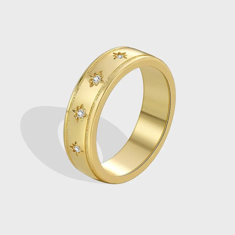 925 Sterling Silve Star Chunky Ring For Women Vintage Trendy Gold Color Zirconia Finger Rings Punk Accessories Jewelry Gift