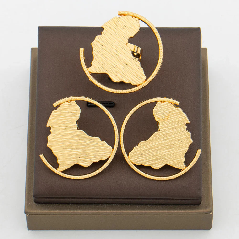 African Gold Color Jewelry Set for Ladies Map Design Clip Earrings Finger Ring 2Pcs Set for Weddings Bride Earring Jewelry Set