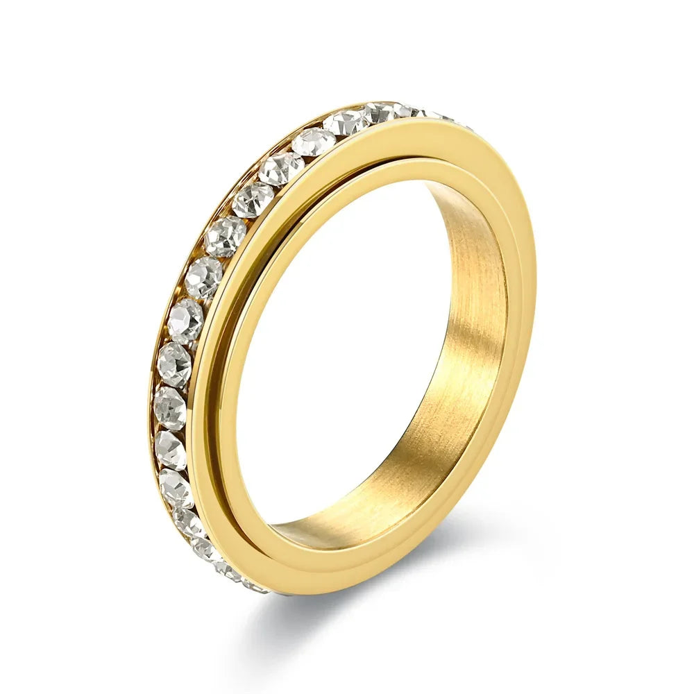 4MM Stainless Steel Spinner Finger Rings For Women Crystal Rotatable Wedding Ring Men Fashion Anniversary Party Jewelry