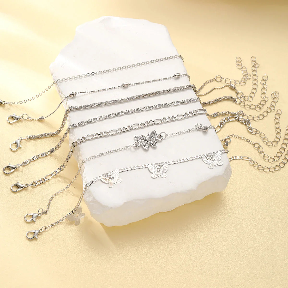 Bohemian Summer Beach Anklet Set For Women Vintage Silver Color Pearl Butterfly Star Heart Pendant Charm Chain On Leg Jewelry