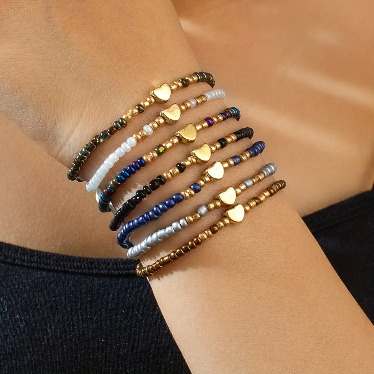 7Pcs Colorful Rice Beads Bracelet Set For Women Fashion Heart Charm Elastic Beaded Chain Bangle Female Trendy Jewelry Gift