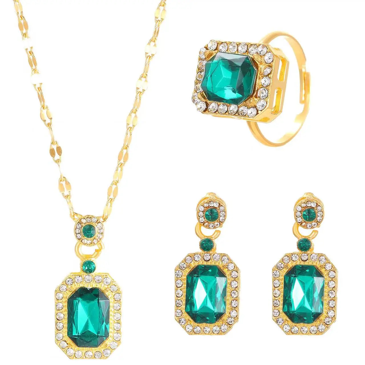 5 Piece Set Women Fashionable Temperament Circular Green Crystal Necklace Bracelet Earring Ring Combination Versatile Exquisite