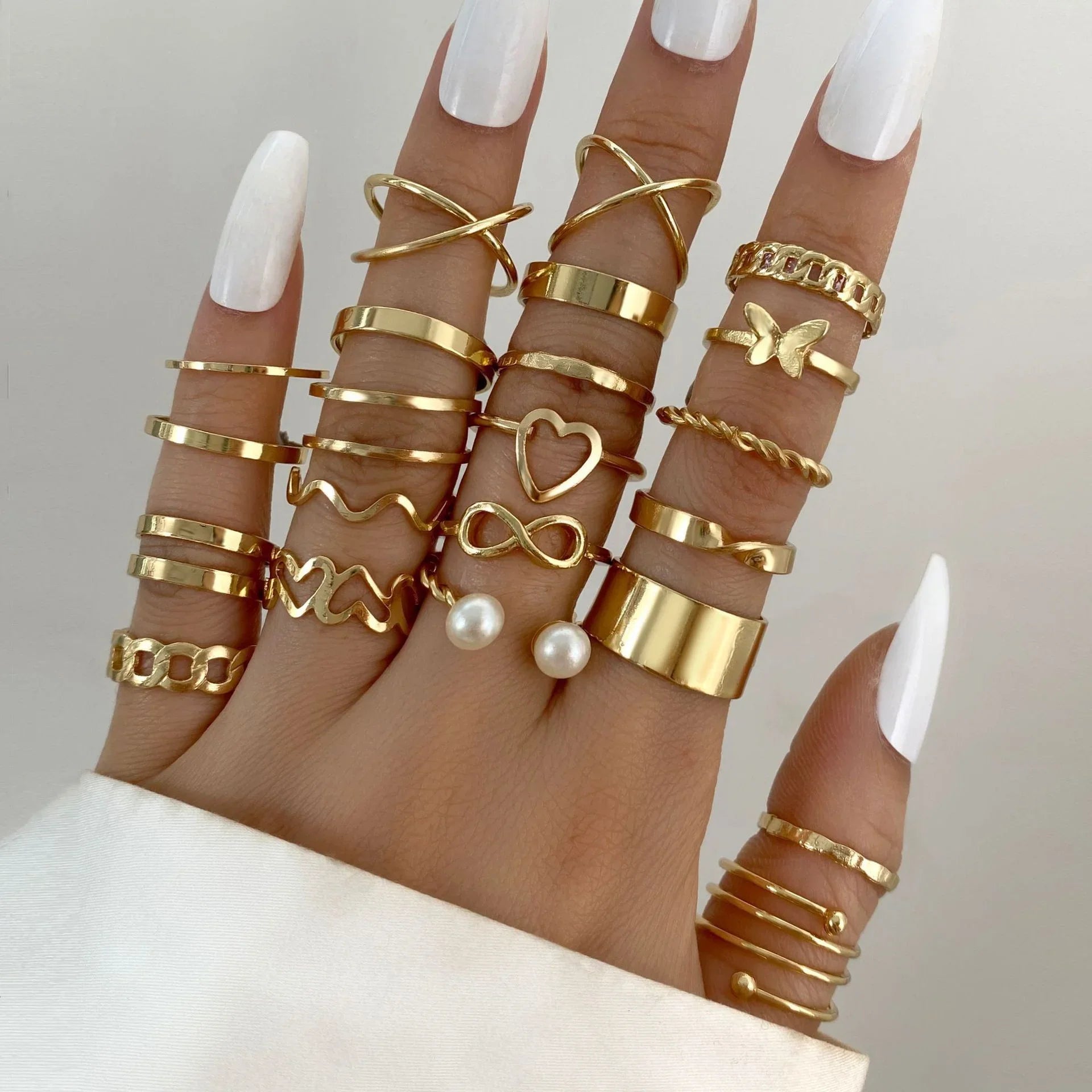 30 PCS Silver Color Geometric Ring Set For Women Vintage Heart Eye Cross Sun And Moon Leaf Charm Finger Ring Female Boho Jewelry