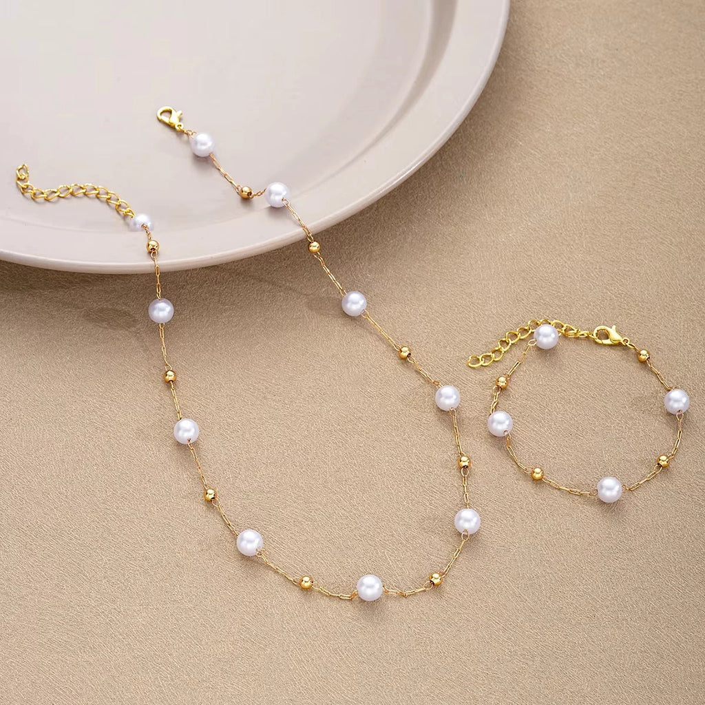 2 Pcs Exquisite Gold Color Bohemian Jewelry Set for Women Fashion Pearl Cross Pendant Necklace Bracelet Set Casual Jewelry Gifts