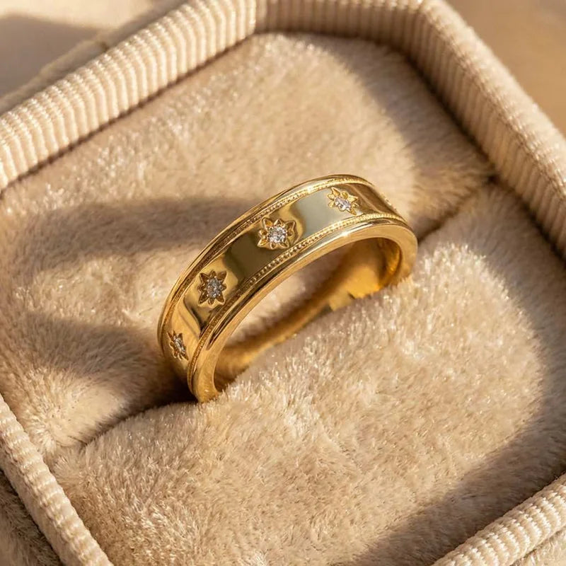 925 Sterling Silve Star Chunky Ring For Women Vintage Trendy Gold Color Zirconia Finger Rings Punk Accessories Jewelry Gift