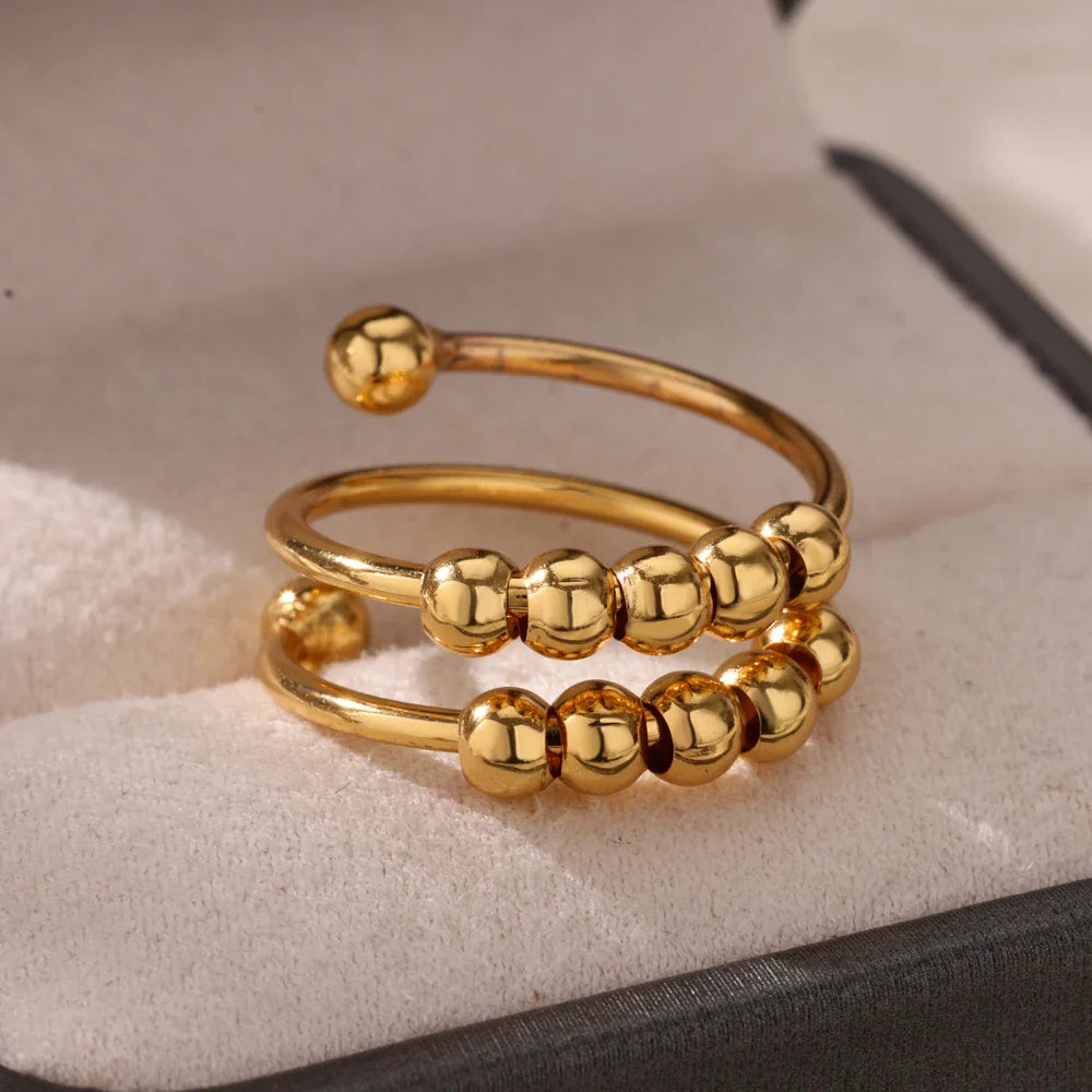 Anti-Stress Rotating Beads Rings for Women Men Gold Color Stainless Steel Double Smooth Beads Finger Ring Party Jewelry Gift
