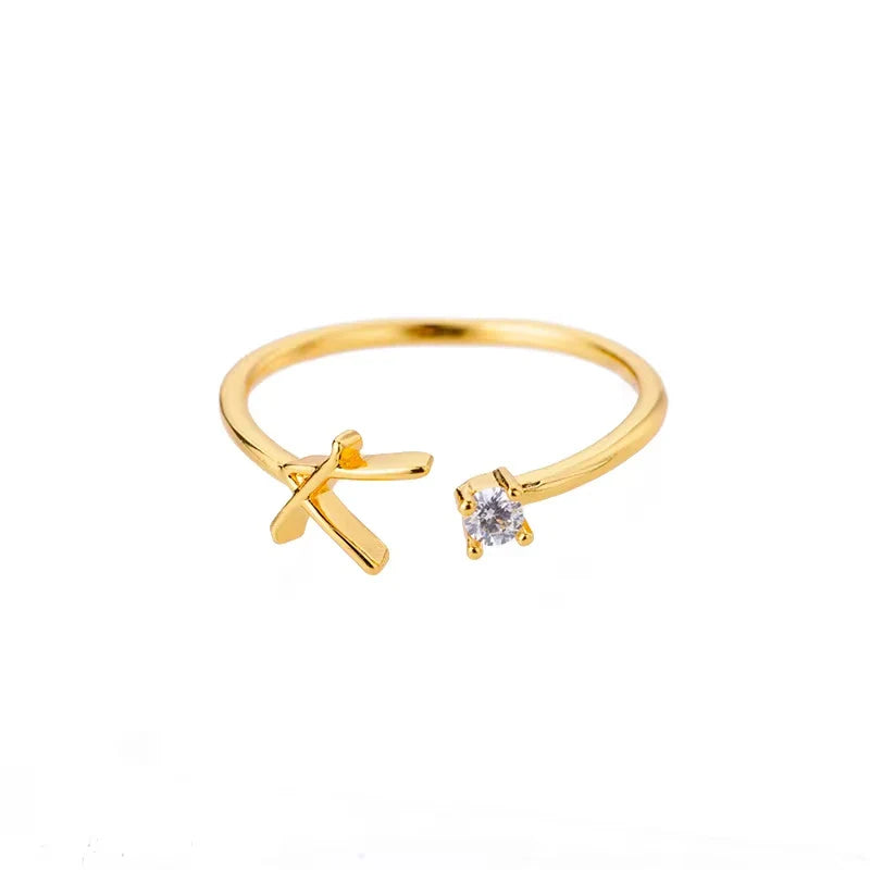 A-Z Initial Letter Open Rings for Women Stainless Steel Gold Color Zircon Adjustable Ring Trendy Couple Wedding Jewelry Gift