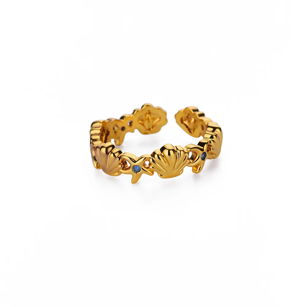 316L Stainless Steel Starfish Shell Rings for Women Gold Color Open Finger Ring Femme Trendy Summer Vacation Ocean Jewelry Gift