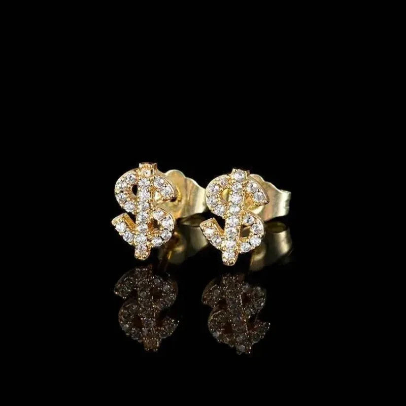 American Full Diamond Dollar Letter Stud Men's Senior Sense Super Flash Hip Hop Trend Niche Men's And Women's Fashion Earrings