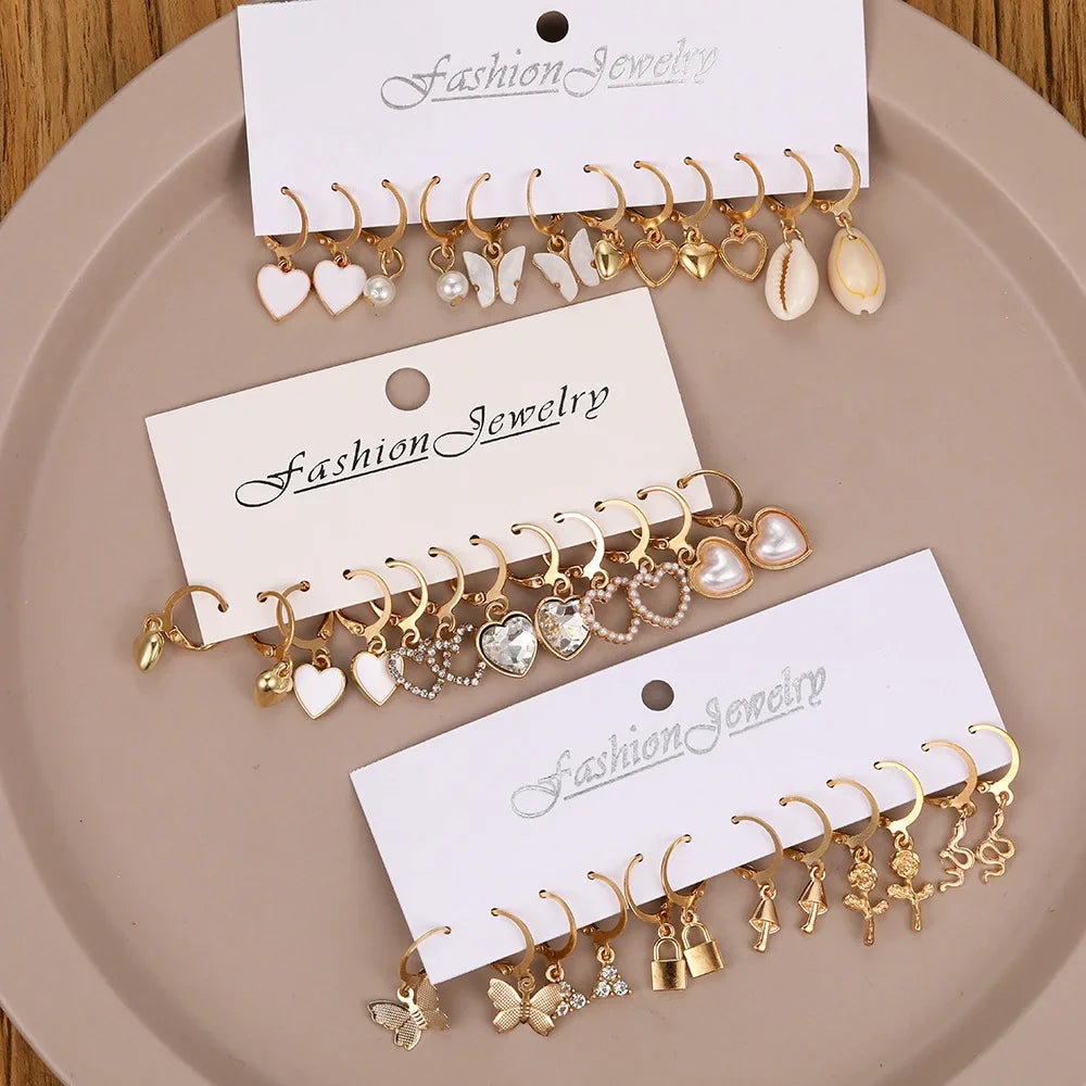 36 Pcs Boho Heart Hoop Earring Set for Women Gold Color Bohemia Vintage Pearl Earring  European and American Jewelry Gifts 2024