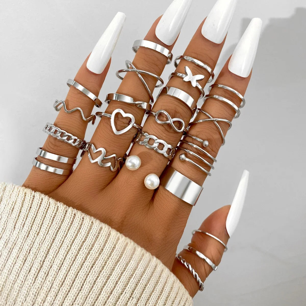 30 PCS Silver Color Geometric Ring Set For Women Vintage Heart Eye Cross Sun And Moon Leaf Charm Finger Ring Female Boho Jewelry