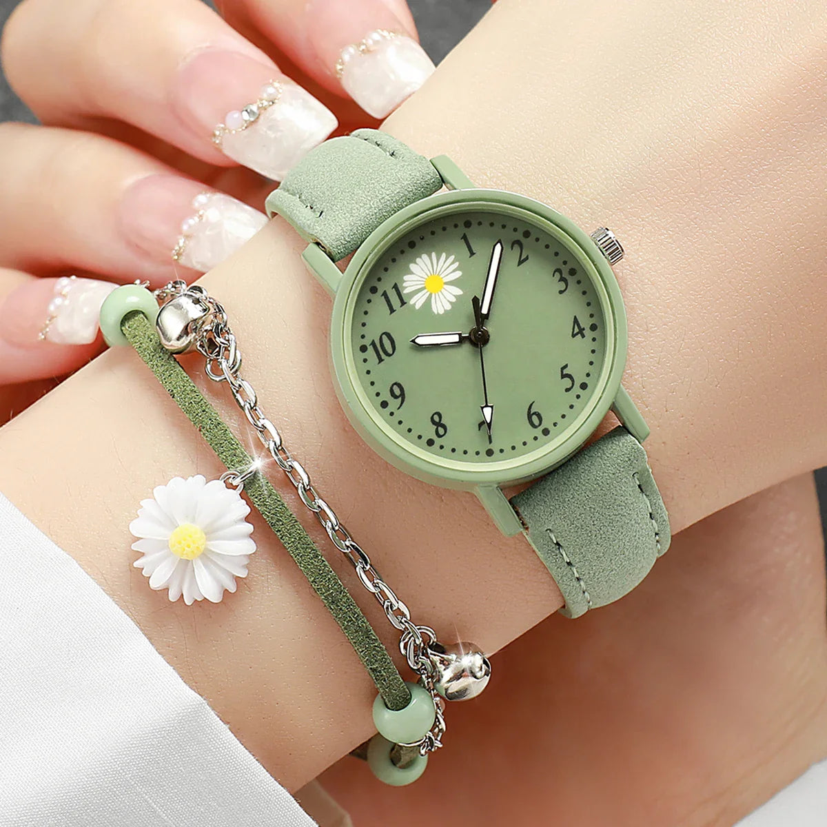 2PCS/Set Fashion Women Watches Bracelet Set Simple Arabic Dial Leather Strap Quartz Watches Reloj Mujer Girls Clock Gift