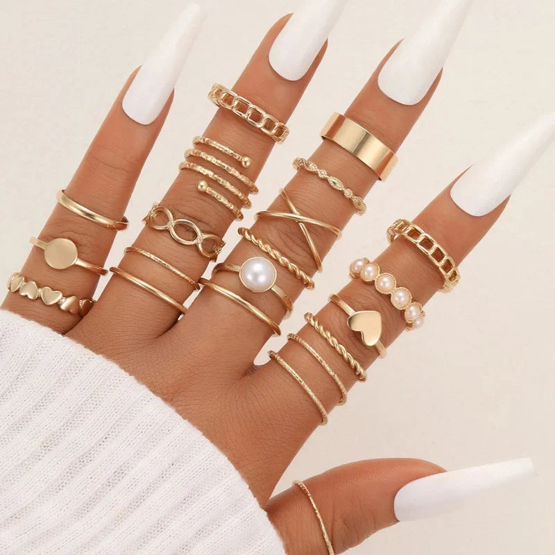 58 Pcs/Set Gold Color Rings Set For Women Men Vintage Hollow Butterfly Pearl Heart Crystal Geometric Rings Trendy Finger Jewelry